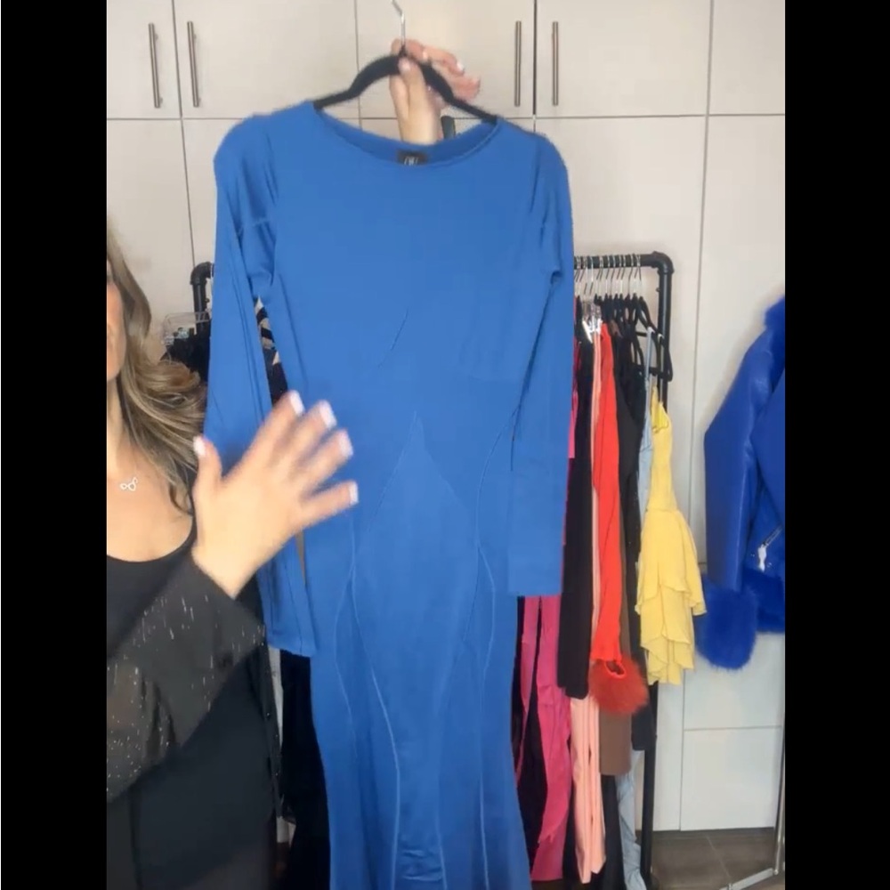 Blue Long Sleeve Crew Neck Bodycon Dress